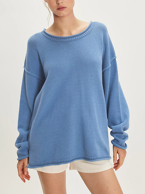 Long Sleeves Loose Solid Color Split-Joint Round-Neck Sweater Tops