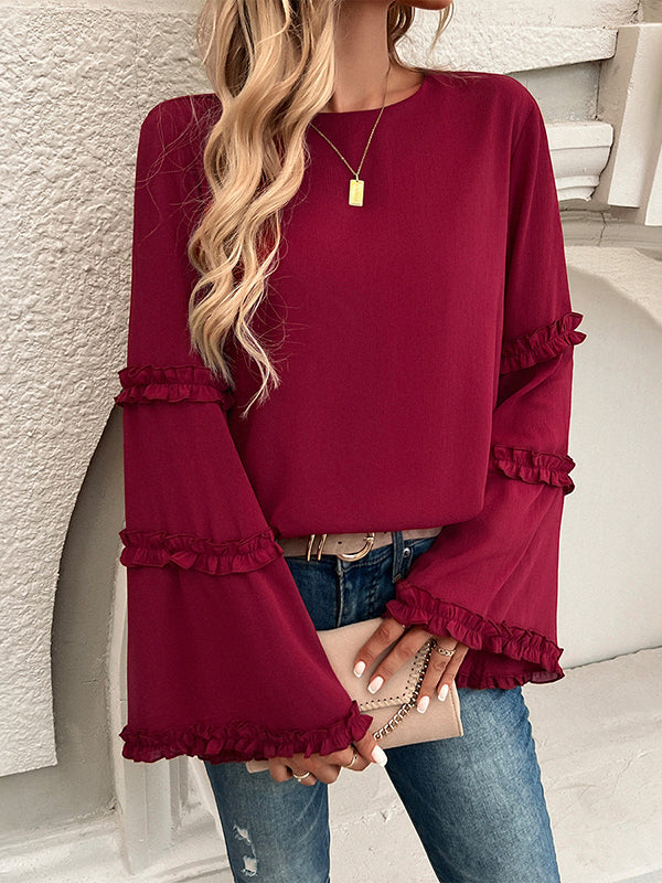 Flared Sleeves Long Sleeves Solid Color Split-Joint Round-Neck T-Shirts Tops