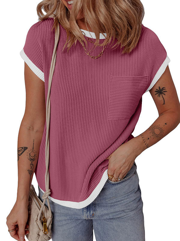 Loose Short Sleeves Colorful Contrast Color Pockets Round-neck T-Shirts Tops