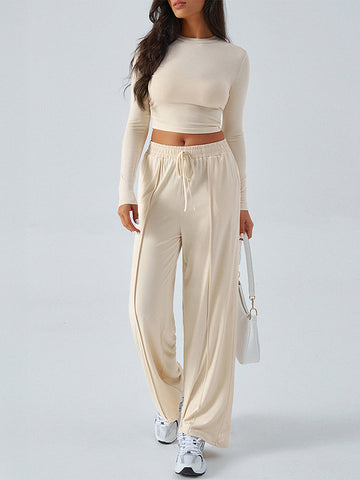 Long Sleeves Loose Solid Color Round-Neck T-Shirt Top + Drawstring Elasticity Pockets Pants Bottom Two Pieces Set
