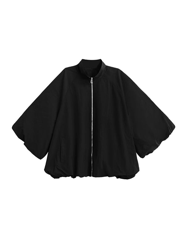 A-Line Long Sleeves Buttoned Solid Color Zipper Stand Collar Outerwear Windbreakers