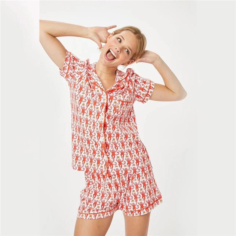 Women Fashion Casual Print Short-Sleeve Top Loose Shorts Pajamas Two-Piece Set