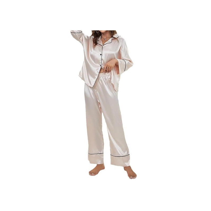 Women Fashion Casual Silk Lapel Long-Sleeved Top Loose Pants Pajamas Two-Piece Set