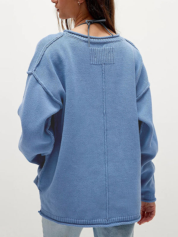 Long Sleeves Loose Solid Color Split-Joint Round-Neck Sweater Tops