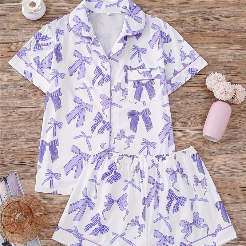 Women Pink Bow Print Lapel Short Sleeve Shorts Pajamas