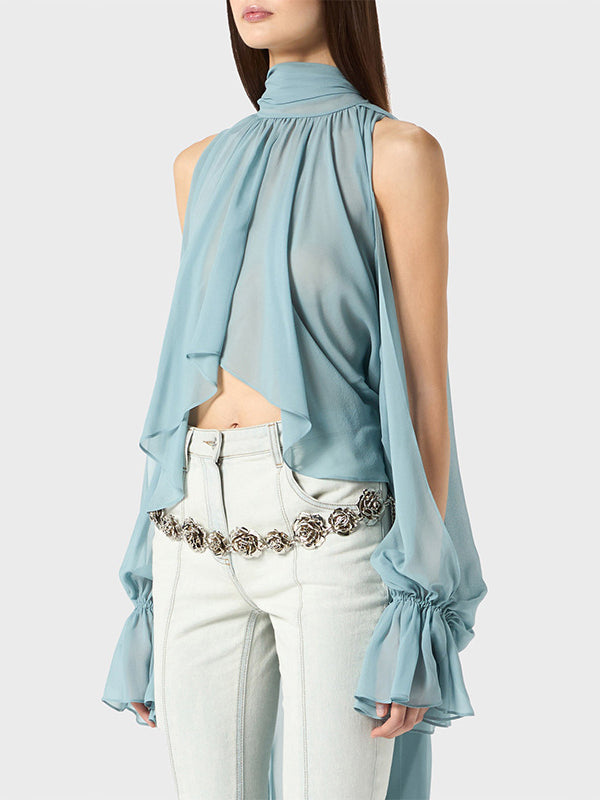 High-Low Long Sleeves Elasticity Hollow Pleated Solid Color Mock Neck Blouses&Shirts Tops