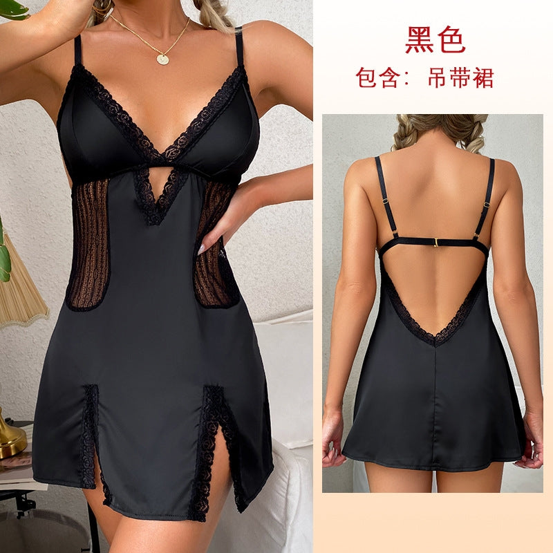 Women Fashion Sexy Deep V Lace Sling Satin Sleepwear