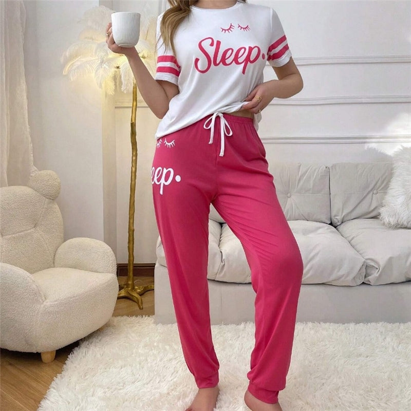 Women Fashion Casual Printed Short Sleeve T-Shirt Drawstring Pants Pajamas Two-Piece Set