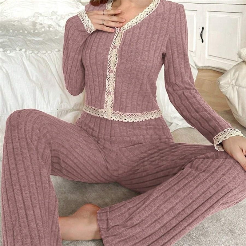 Women Fashion Autumn And Winter Lace Stitching V-Neck Long-Sleeve Top Loose Pants Pajamas Two-Piece Set