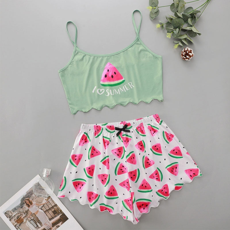 Women Fashion Watermelon Printed Pajamas Two-Piece Set