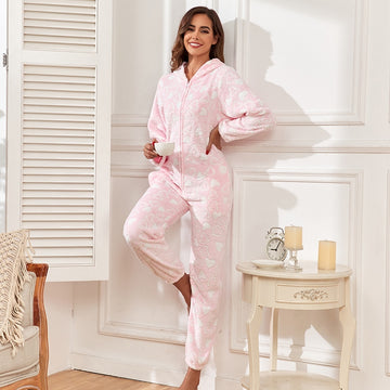 Women Fashion Cute Coral Fleece Hooded Cartoon Zipper Pajamas