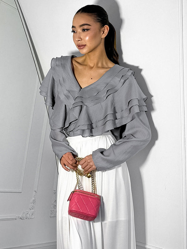 Long Sleeves Backless Ruffled Solid Color V-Neck Blouses&Shirts Tops