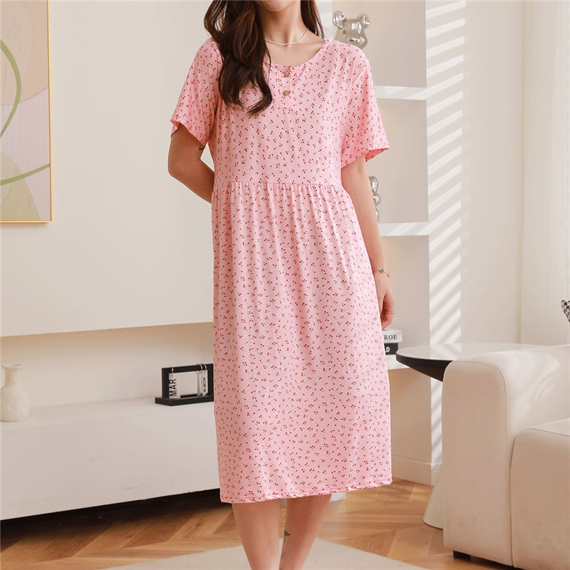 Women Fashion Casual Floral Printed Short Sleeve Loose Dress Pajamas