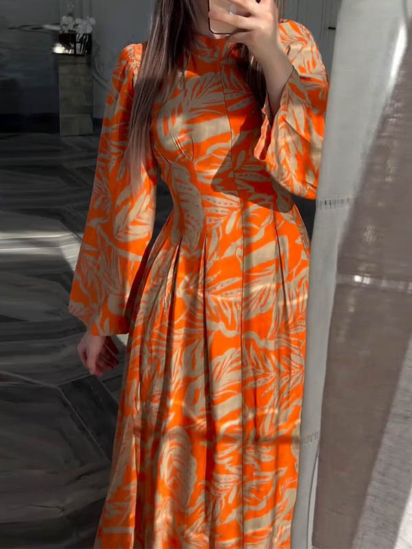 A-Line High Waisted Flower Print Pleated Zipper Mock Neck Maxi Dresses