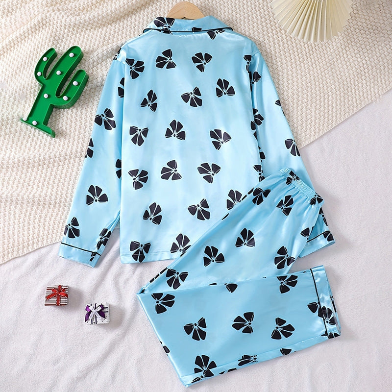 Women Fashion Bow Printed Pajamas Two-Piece Set