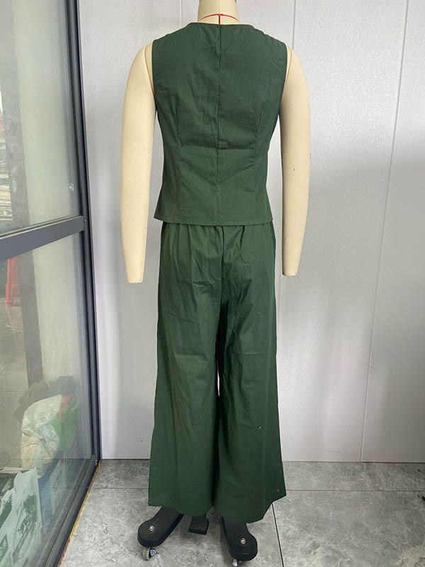 Plus Size Loose Solid Color Split-Joint V-Neck Vest + Elasticity Pants Two Pieces Set