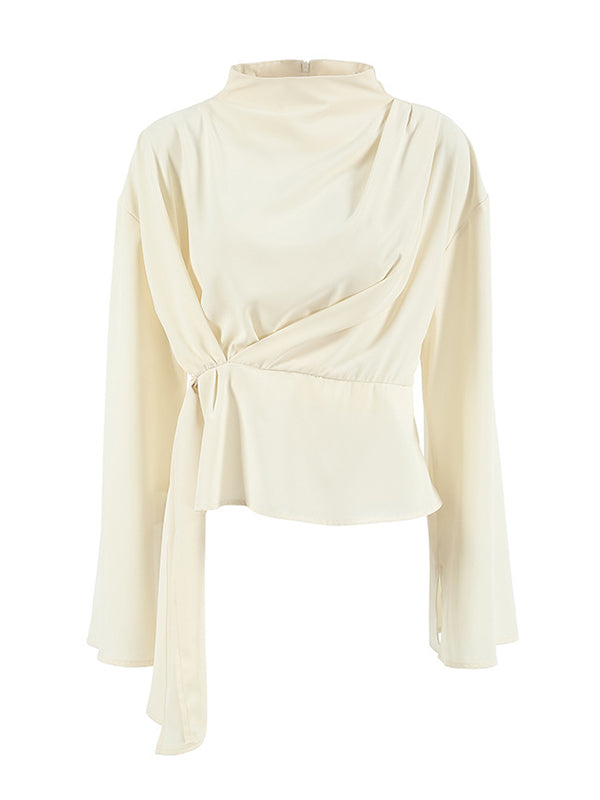 Flared Sleeves Long Sleeves Pleated Solid Color Zipper Stand Collar Blouses&Shirts Tops