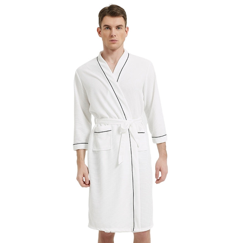 Fashion Casual Contrast Color Waffe Bathrobe Lace-Up Nightgown