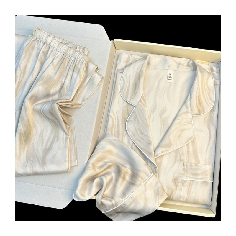 Women Fashion Elegant Gradient Ice Silk Lapel Long Sleeve Top Thin Pants Pajamas Set