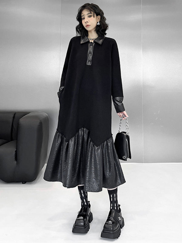 A-Line Long Sleeves Buttoned Split-Joint Polo Midi Dresses Sweater Dresses