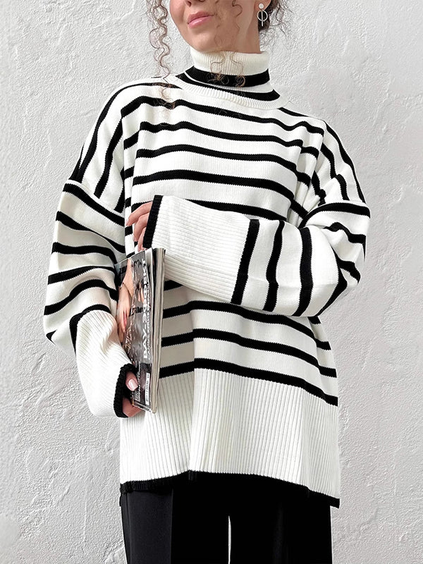 High-Low Long Sleeves Split-Joint Split-Side Striped High Neck Sweater Tops