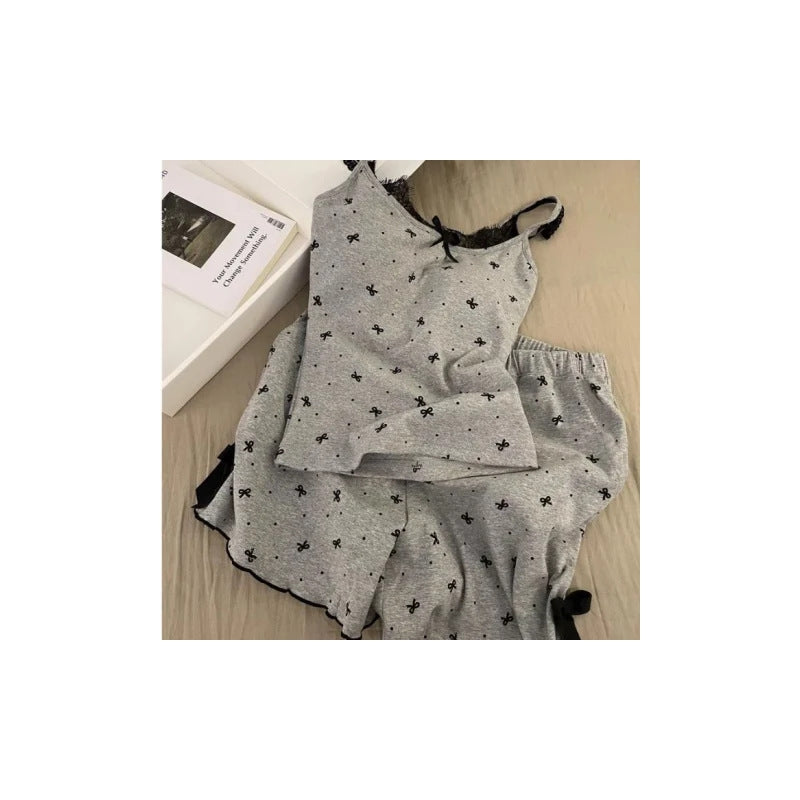 Women Fashion Sexy Bowknot Printed Camisole Slim-Fit Shorts Pajamas Two-Piece Set