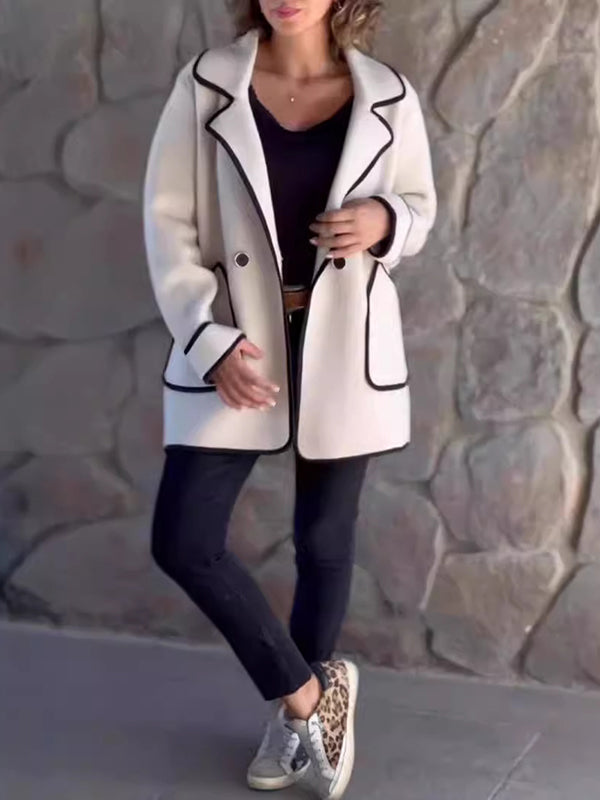 Long Sleeves Loose Buttoned Pockets Split-Joint Notched Collar Woolen Coat