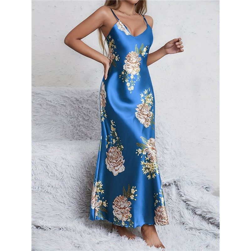 Women Fashion Sexy Floral Printed Sleeveless Spaghetti Strap Loose Dress Pajamas