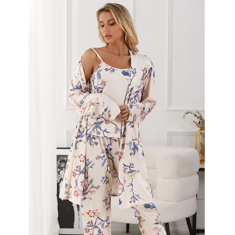 Women Fashion Casual Printed Camisole Loose Pants Long-Sleeve Coat Pajamas Three-Piece Set