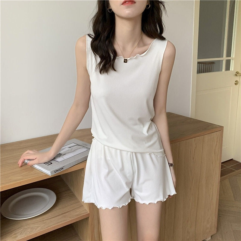 Women Fashion Casual Solid Color Ice Silk Sleeveless Tank Top Loose Shorts Pajamas Two-Piece Set
