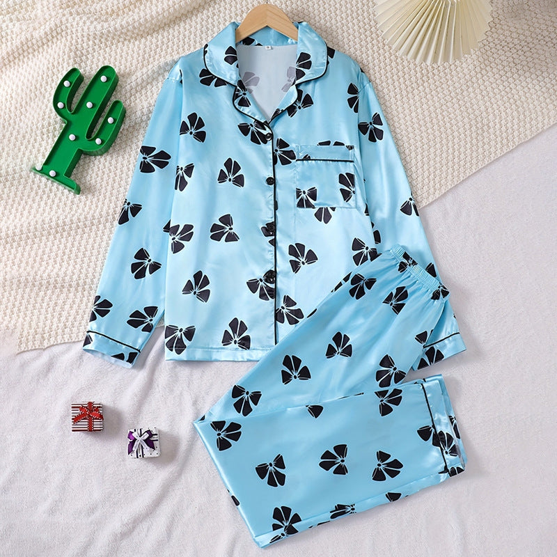 Women Fashion Bow Printed Pajamas Two-Piece Set