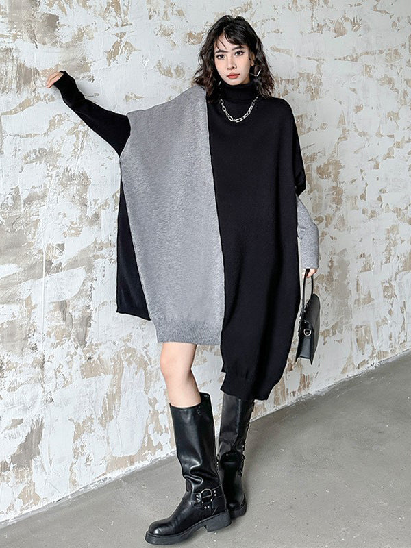 Batwing Sleeves Hipster Asymmetric Contrast Color Split-Joint High-Neck Midi Dresses Sweater Dresses