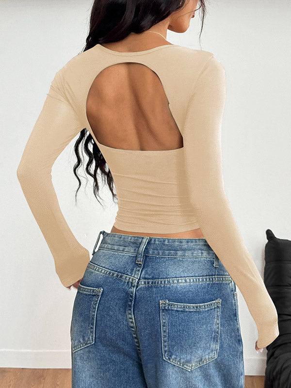 Long Sleeves Skinny Backless Pleated Solid Color Square-Neck T-Shirts Tops