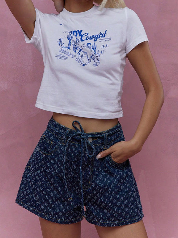 Wide Leg Split-Joint Tied Waist Denim Shorts