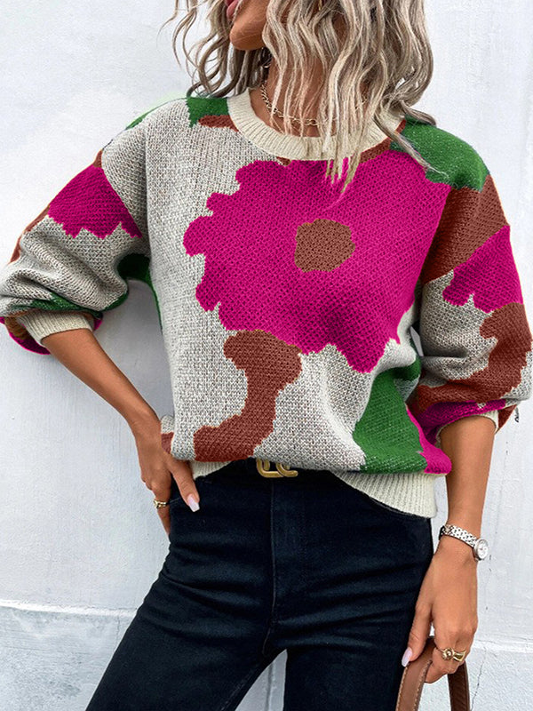 Loose Puff Sleeves Asymmetric Knitted Flower Split-Joint Round-Neck Sweater Tops