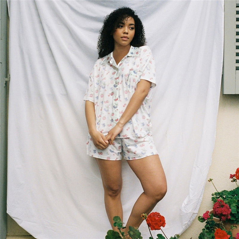 Women Fashion Casual Floral Printed Short-Sleeve Blouse Loose Shorts Pajamas Two-Piece Set