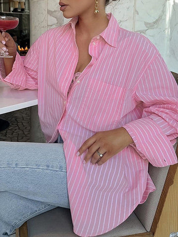 Long Sleeves Loose Buttoned Contrast Color Pockets Striped Lapel Blouses&Shirts Tops