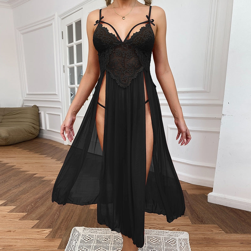 Women Fashion Sexy Deep V Lace Mesh Split Home Pajamas Set