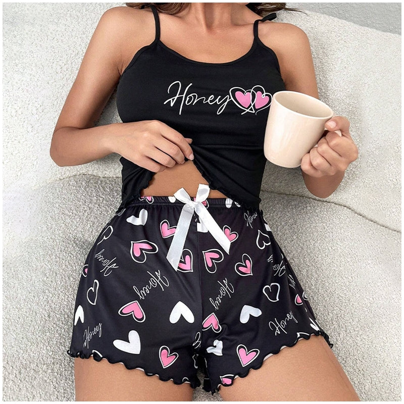 Women Fashion Sexy Milk Silk Love Printed Camisole Short Pajamas Set