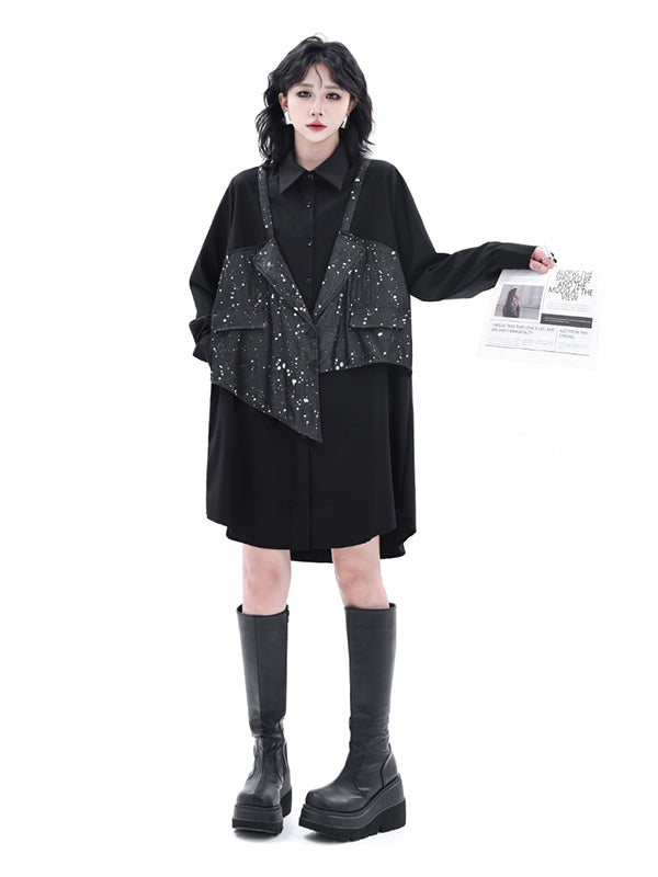 False Two Hipster Asymmetric Split-Joint Textured Lapel Collar Mini Dresses