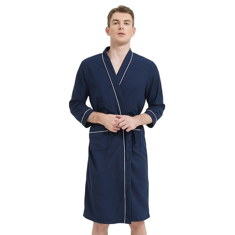 Fashion Casual Contrast Color Waffe Bathrobe Lace-Up Nightgown