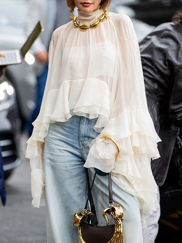 False Two Flared Sleeves Pleated Ruffle Trim See-Through Solid Color Tied Mock Neck Blouses&Shirts Tops