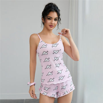 Women Fashion Sexy Love Printed Camisole Loose Shorts Pajamas Two-Piece Set