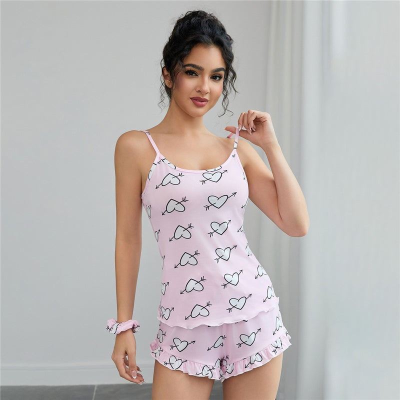 Women Fashion Sexy Love Printed Camisole Loose Shorts Pajamas Two-Piece Set