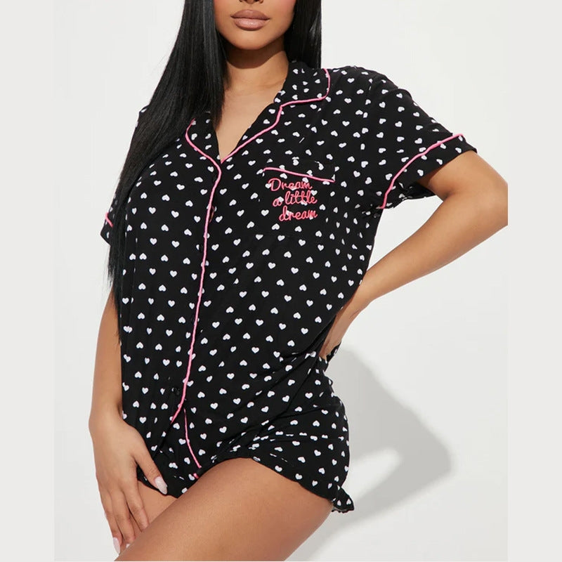 Women Fashion Casual Printed Lapel Short Sleeve Top Loose Shorts Pajamas Set