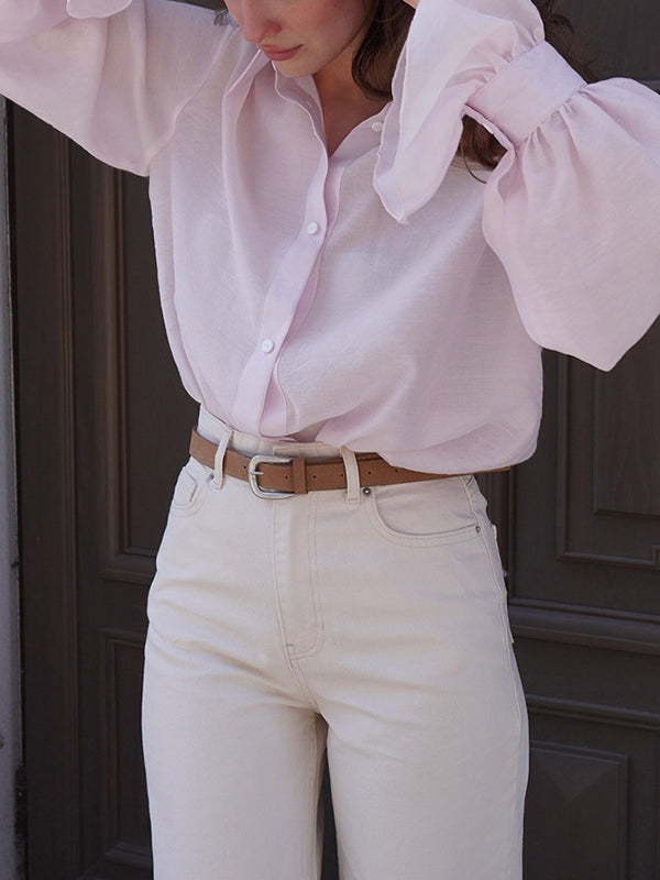 Loose Puff Sleeves Pleated Solid Color Split-Joint Lapel Blouses&Shirts Tops