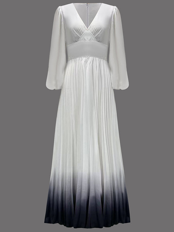 A-Line High Waisted Gradient Pleated V-Neck Maxi Dresses