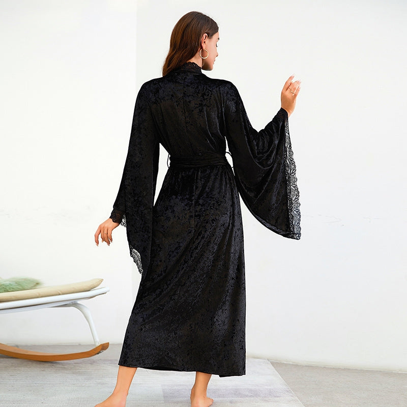 Women Fashion Sexy Lace V-Neck Lace Long Sleeve Velvet Nightgown