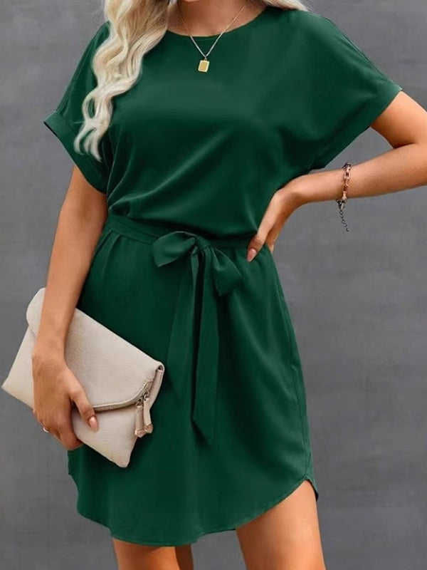 Loose Short Sleeves Solid Color Tied Waist Round-Neck Mini Dresses