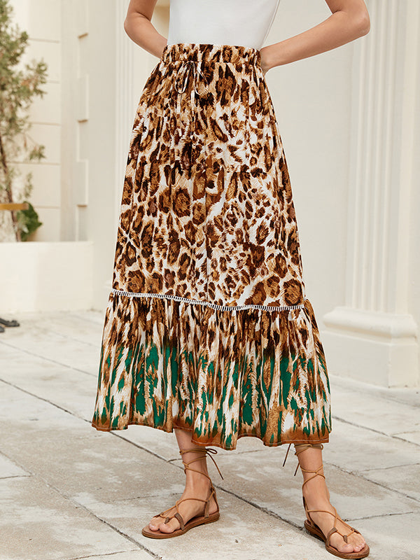 A-Line Loose Drawstring Leopard Split-Joint Skirts Bottoms
